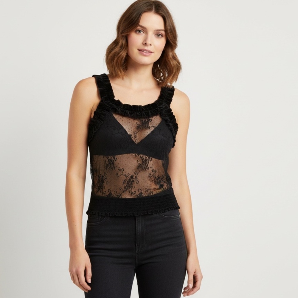 Urban Behavior Black Sheer lace Mesh  Velvet Trim Y2K romantic Goth Clubwear M